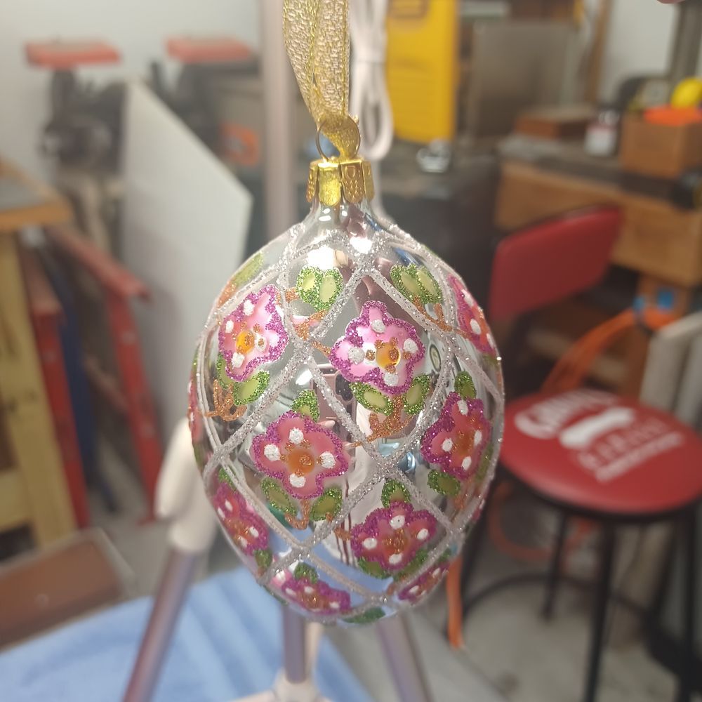 Vintage Glass Easter Egg Ornament Pink Floral Hand Painted‎ Holiday Decoration